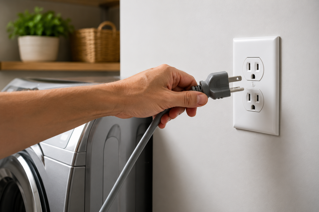Hand unplugging a household appliance from a wall outlet to perform a reset while troubleshooting a Samsung HE error.