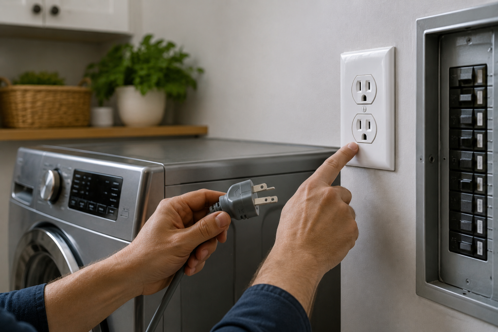 Homeowner checking a washing machine power cord, electrical outlet, and circuit breaker to verify proper power supply while troubleshooting a Samsung HE error.