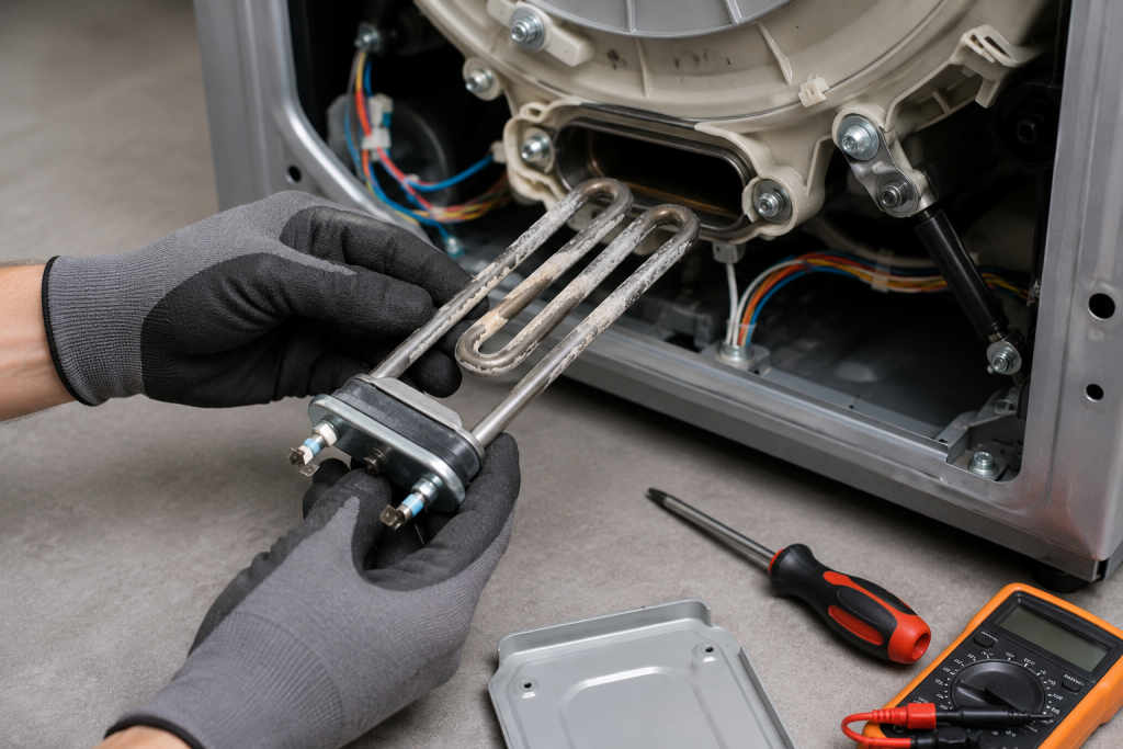 Technician inspecting a washing machine heating element with the access panel removed while diagnosing a Samsung HE heating error.