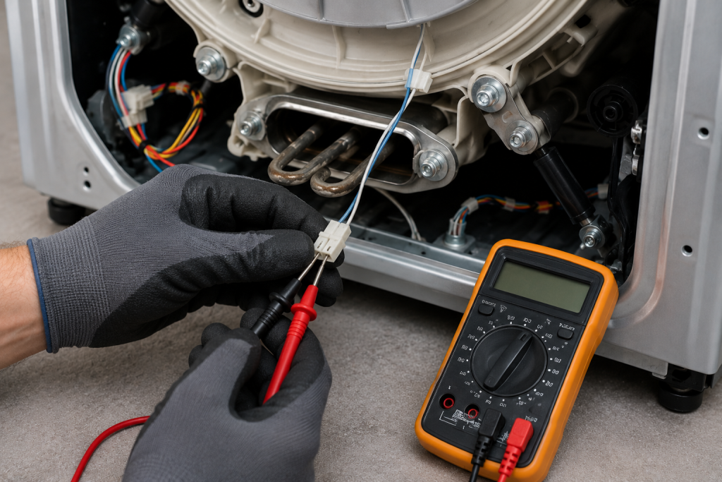 Technician using a digital multimeter to test a washing machine temperature sensor while diagnosing a Samsung HE heating error.