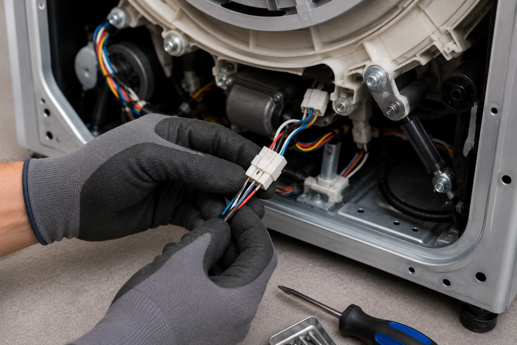 Technician inspecting electrical wiring and connector harnesses inside a Samsung appliance while troubleshooting a Samsung HE heating error.
