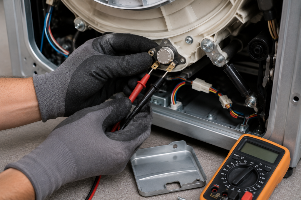 Technician testing a high-limit thermostat with a digital multimeter inside a Samsung appliance while troubleshooting a Samsung HE heating error.