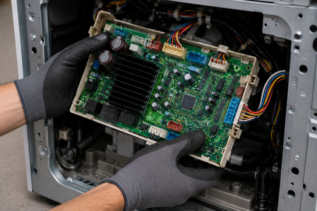 Technician inspecting the main control board and wiring connections inside a Samsung appliance while diagnosing a Samsung HE heating error.