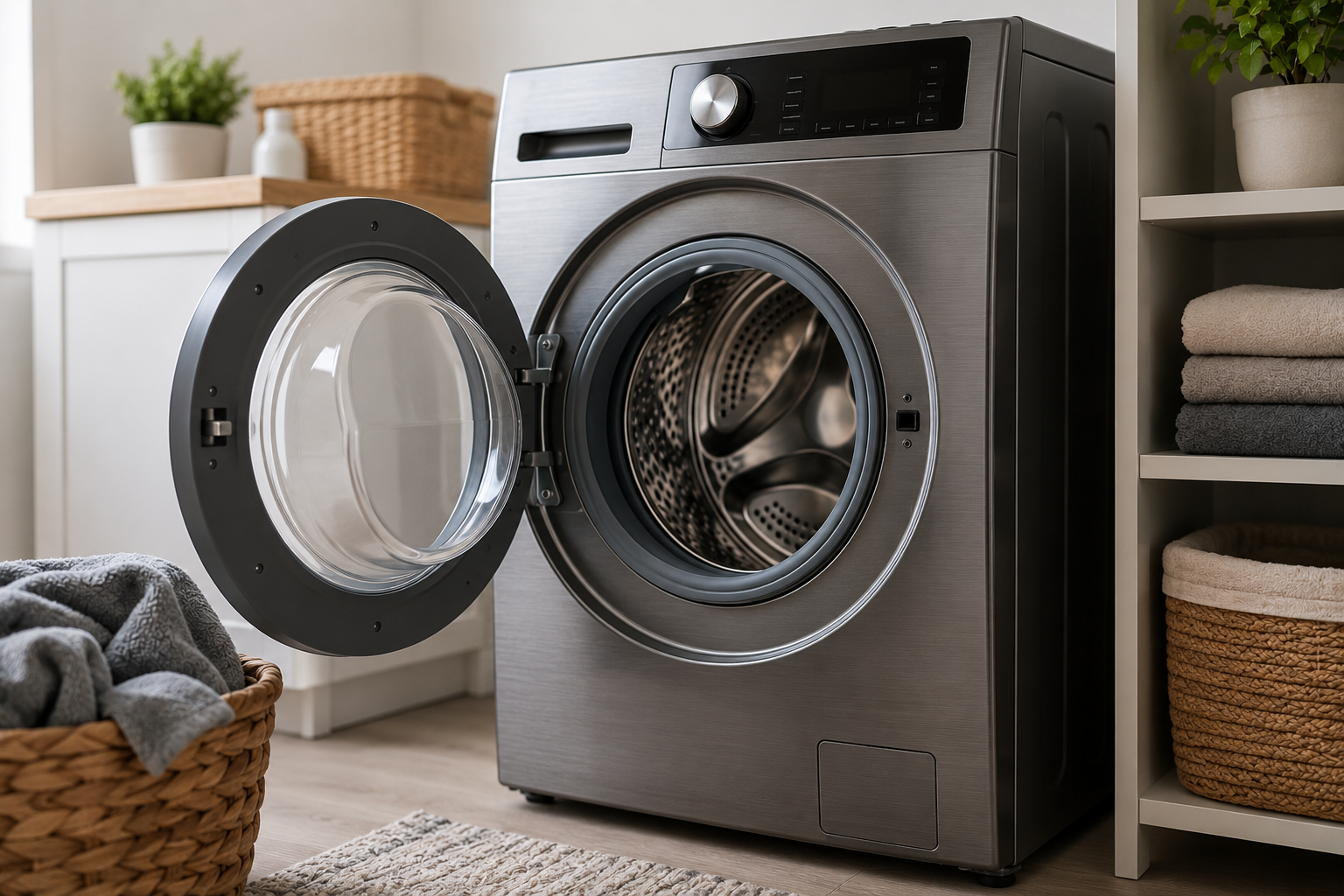 Modern Samsung front-load washing machine in a clean laundry room with the door open, maintenance tools nearby, illustrating troubleshooting and repair of a Samsung HE heating error.