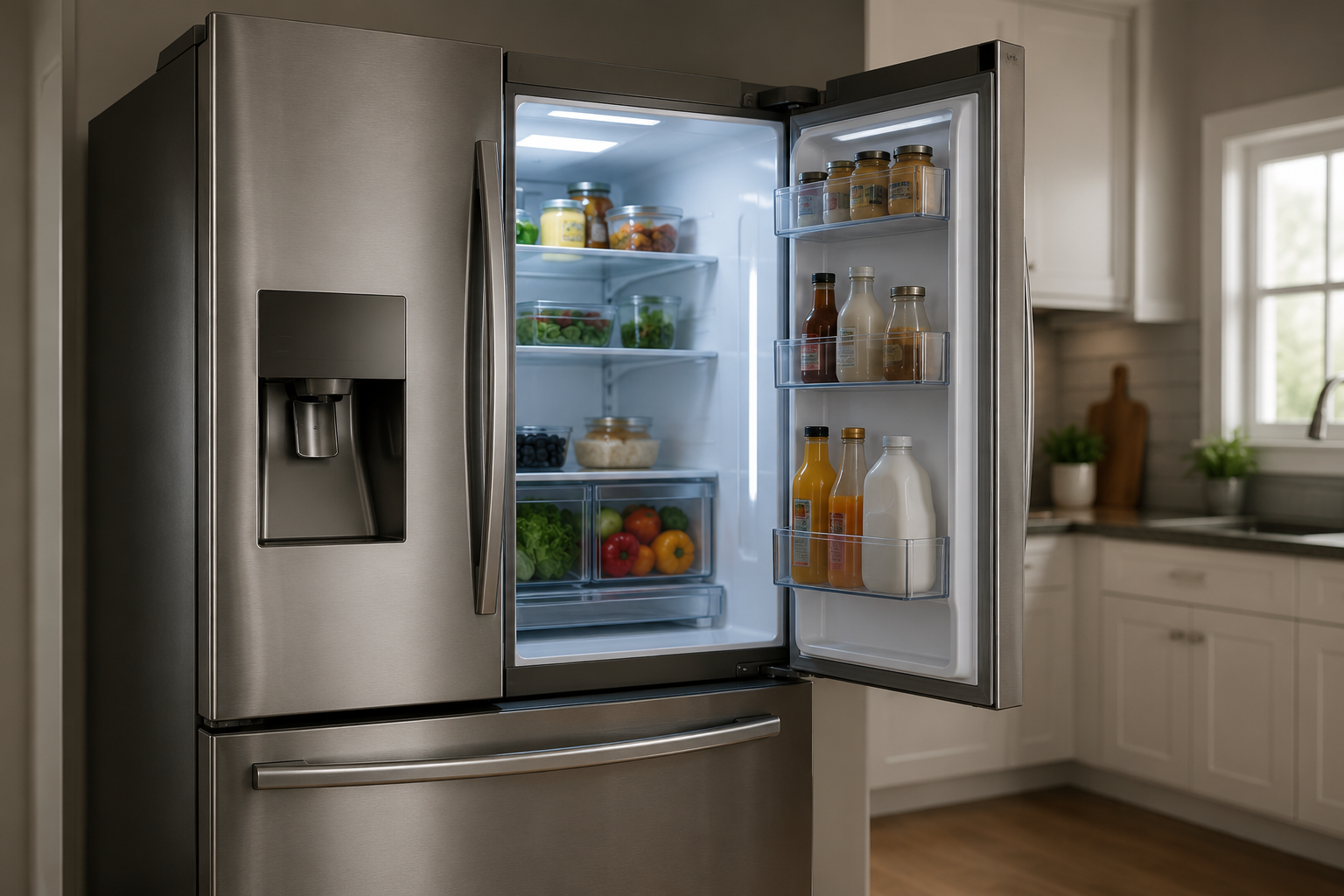 Modern stainless steel refrigerator in a bright kitchen with the refrigerator door open during Samsung refrigerator 22E error troubleshooting