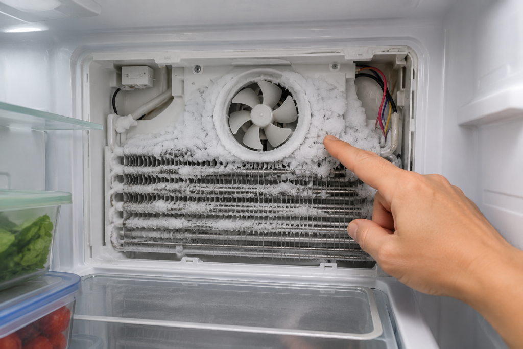 Ice buildup around a refrigerator evaporator fan inside a Samsung refrigerator causing a 22E error code and airflow problems