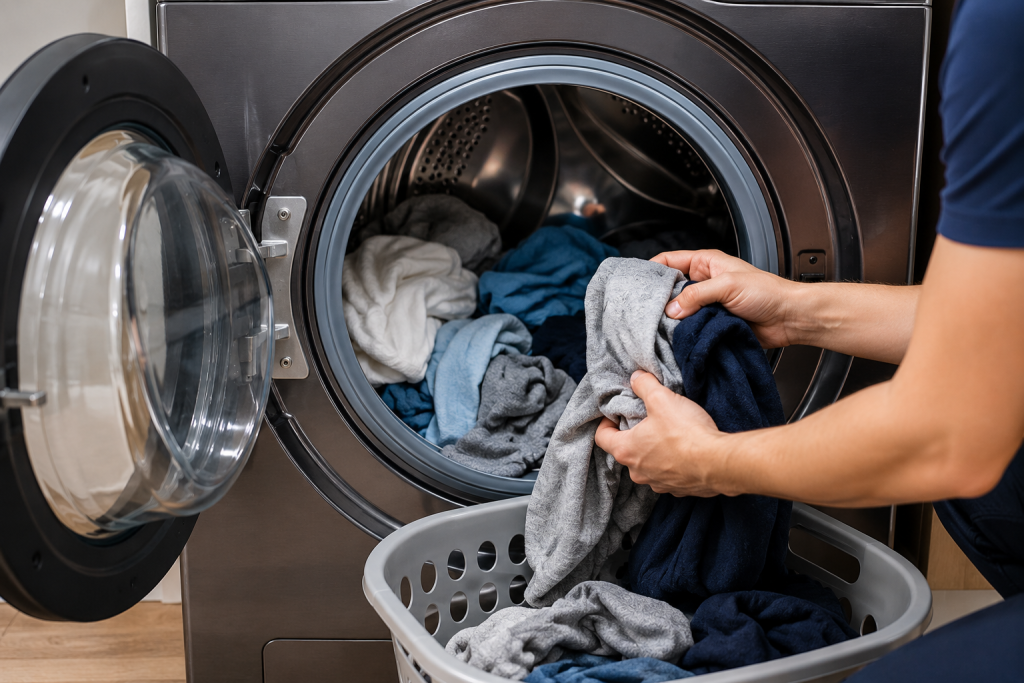 Homeowner removing several pieces of clothing from an overloaded front-loading washing machine and placing them into a laundry basket to improve load balance.