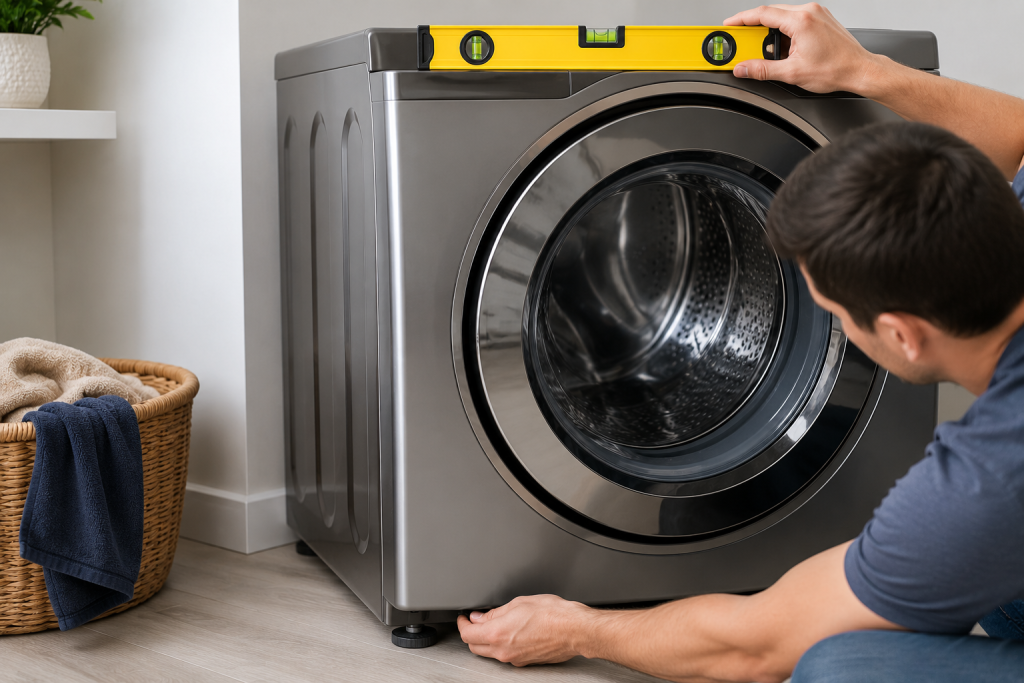 Homeowner using a spirit level on top of a front-loading washing machine while adjusting the leveling feet to ensure the appliance is properly balanced on the floor.