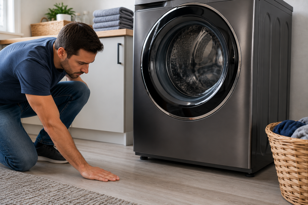 Homeowner inspecting a front-loading washing machine on a solid laundry room floor while checking for movement and vibration to ensure the flooring provides proper support during spin cycles.