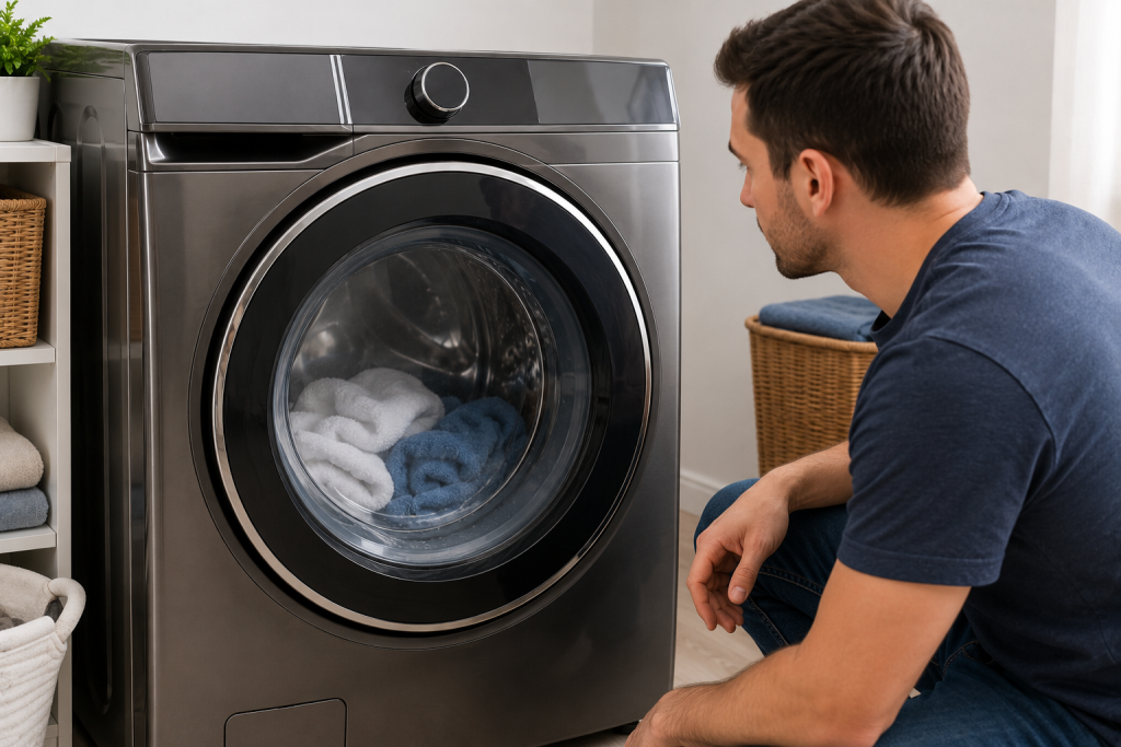Front-loading washing machine running a small load of a few shirts and towels during a test cycle to verify proper balance and spinning performance after troubleshooting a Samsung washer UR code.