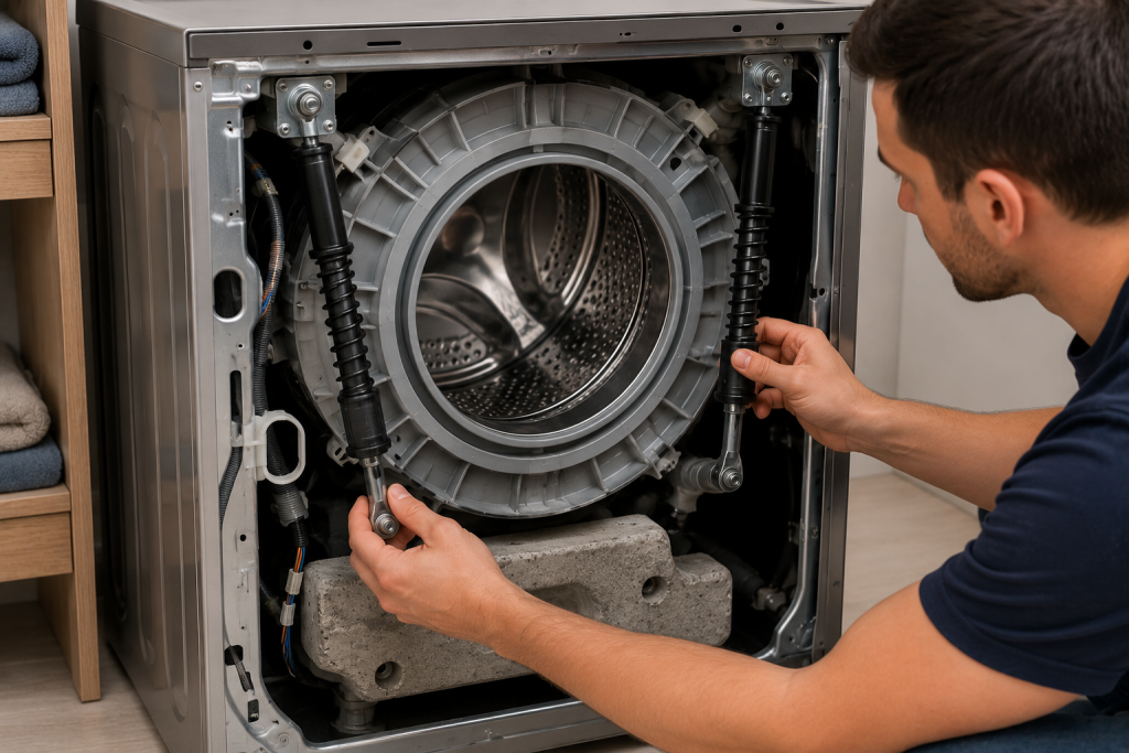Technician inspecting the suspension rods and shock absorbers inside a front-loading washing machine cabinet, checking for wear, damage, or loose components that could cause excessive vibration and a Samsung washer UR code.