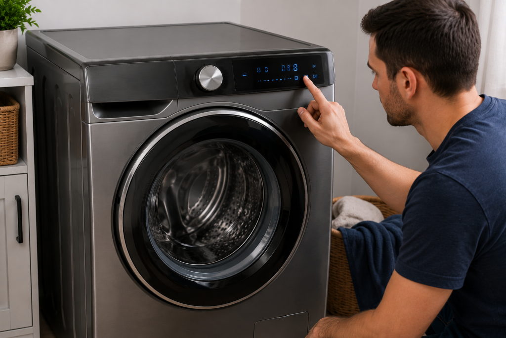 Homeowner starting a diagnostic or calibration cycle on a front-loading washing machine using the control panel to help correct balance issues and resolve a Samsung washer UR code.