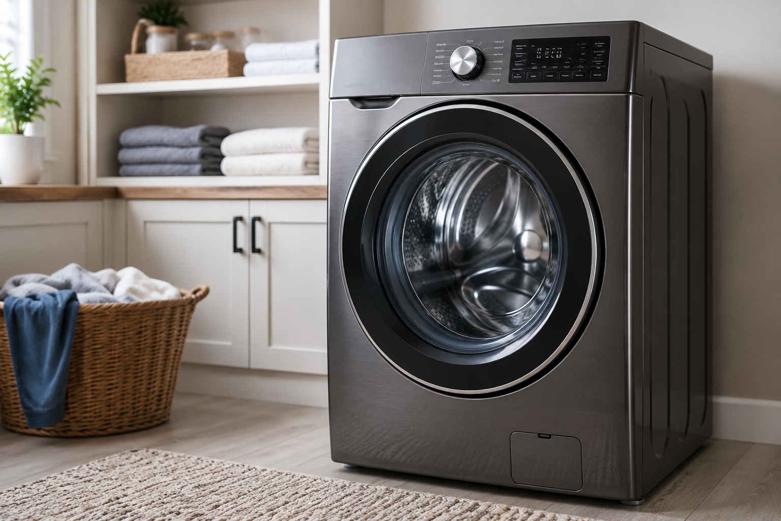 Modern front-loading washing machine in a clean laundry room, representing Samsung washer UR code troubleshooting and unbalanced load issues.