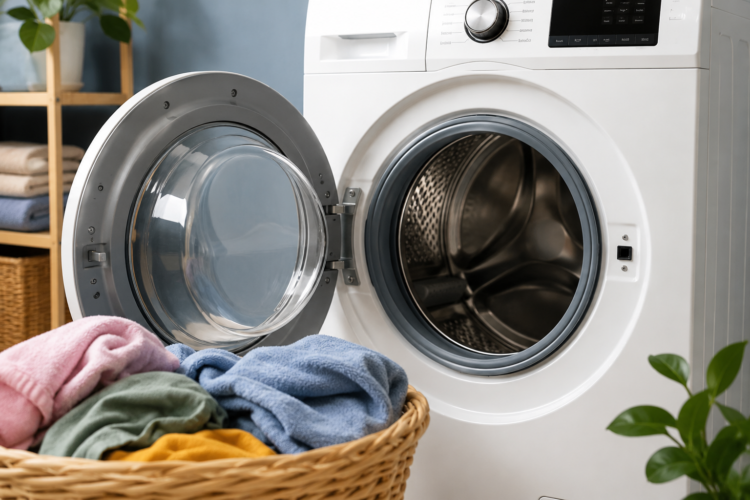 Modern Samsung front-load washing machine displaying a UR error code while laundry sits inside the drum in a residential laundry room