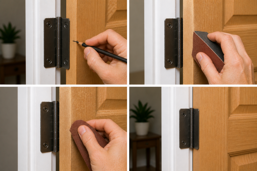 How to Fix a Sagging Door Without Removing It Sanding door edge to fix minor sagging and improve door alignment