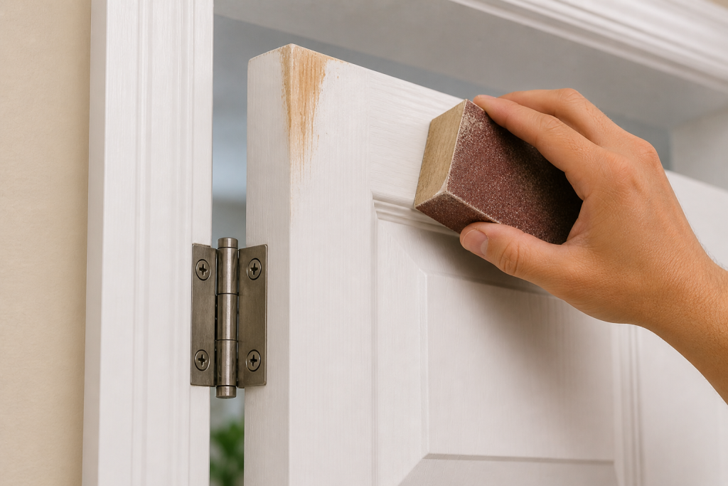 Sanding the top corner of a door to fix rubbing against the frame
