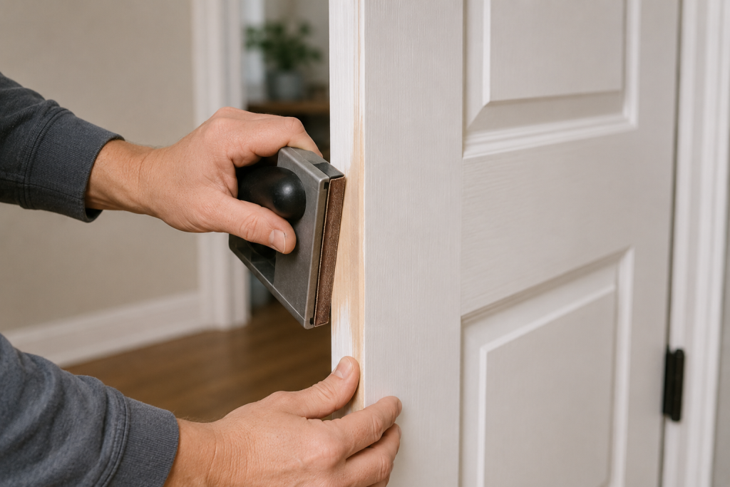 person sanding the edge of a white interior door to improve door alignment and closing performance for a door won't stay closed