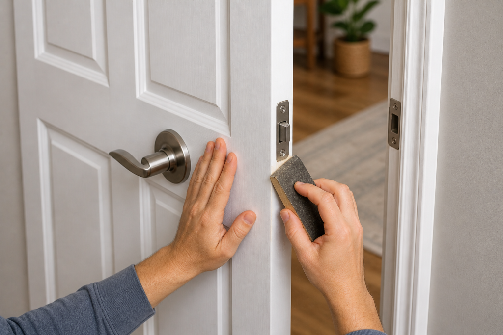 Sanding swollen door edge to fix a door that sticks and won’t latch properly