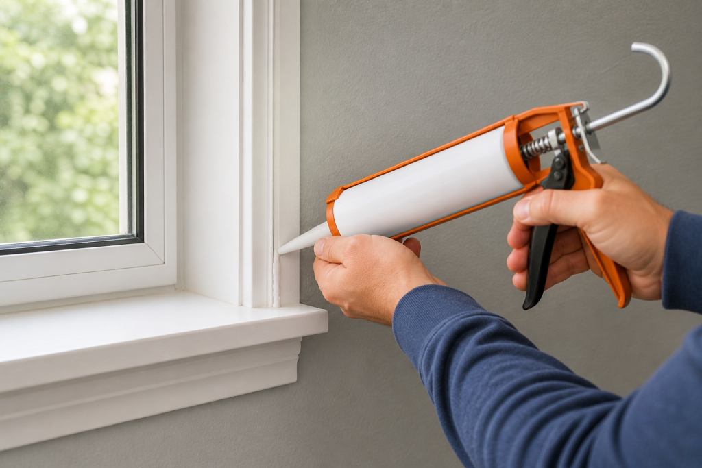 Sealing air leaks around window frame with caulk to improve AC cooling efficiency
