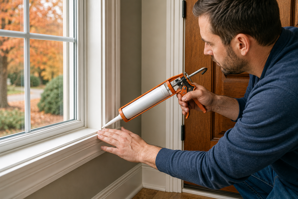 Applying caulk around window frame to seal drafts and improve energy efficiency before winter