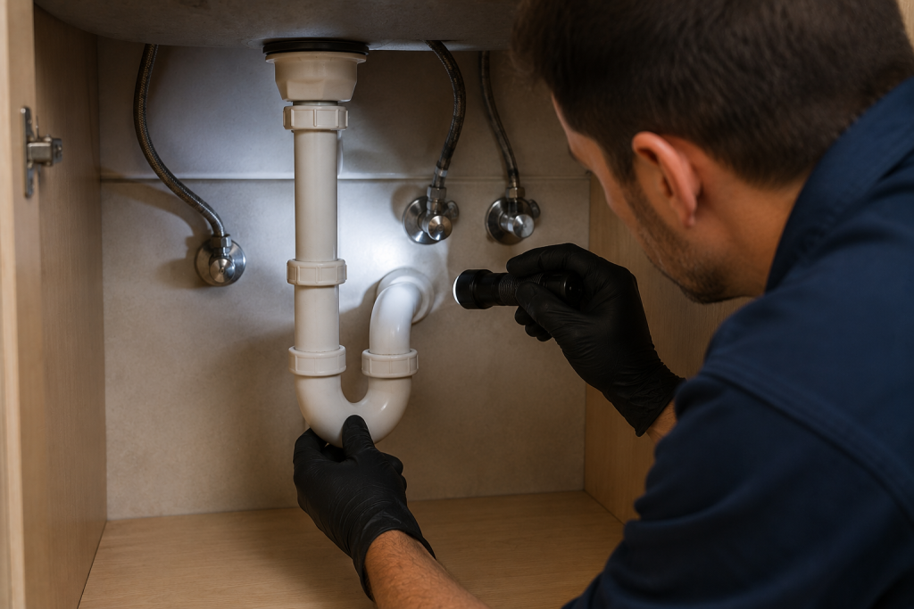 Homeowner inspecting plumbing pipes under a bathroom sink with a flashlight while checking for a serious drain blockage or sewer problem