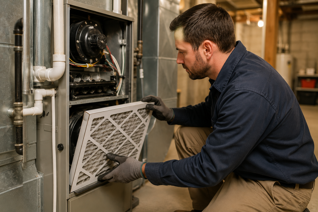 Inspecting and servicing residential furnace and heating system during fall home maintenance preparation for winter