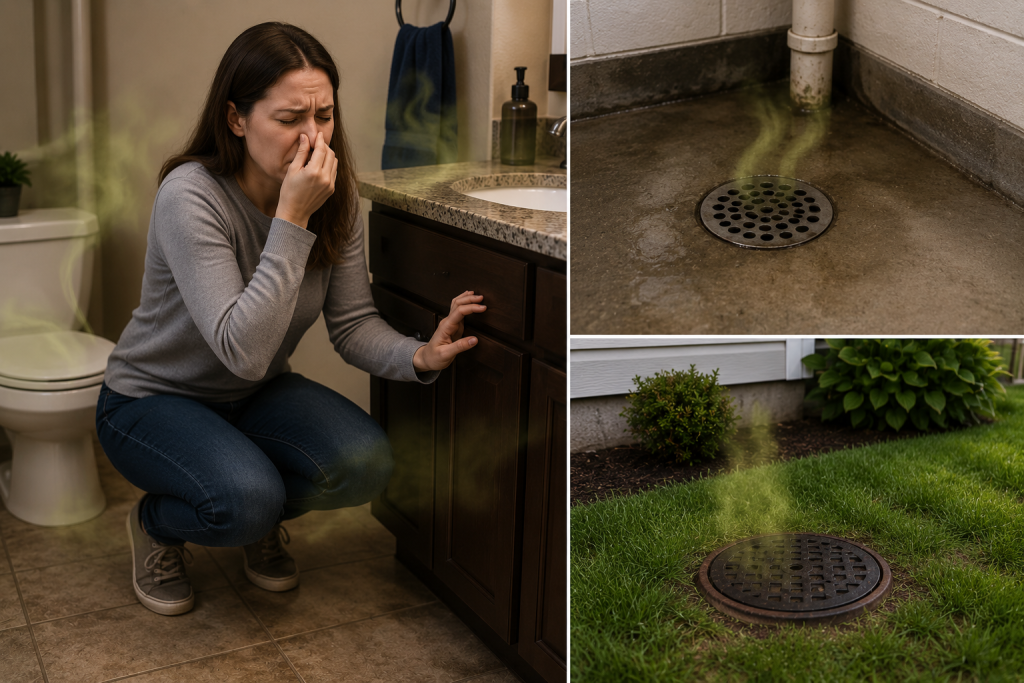 Homeowner noticing foul sewer odors near a bathroom drain and outside sewer area caused by a clogged main sewer line