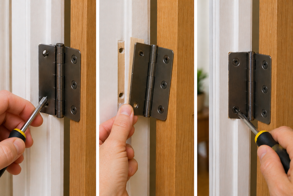 Installing shim behind door hinge to fix sagging door alignment