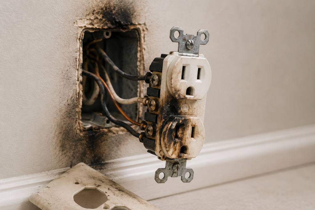 Burned electrical outlet and damaged wiring showing signs of a dangerous short circuit problem
