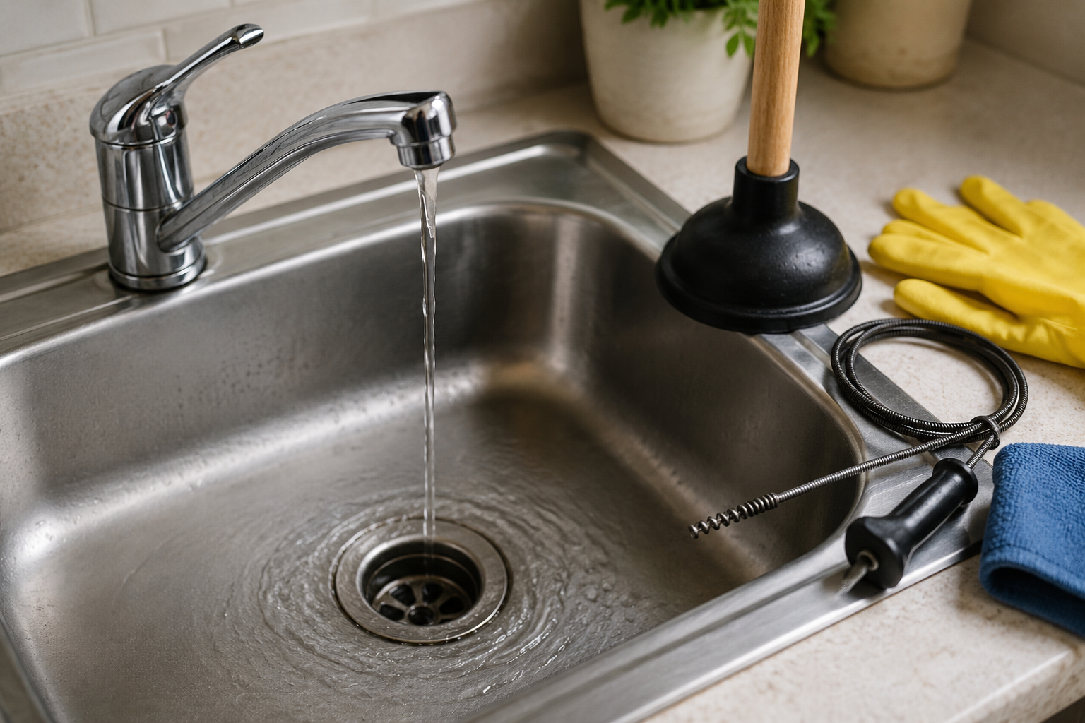 Stainless steel kitchen sink draining slowly with plumbing tools including a plunger, drain snake, gloves, and cleaning supplies on the countertop.