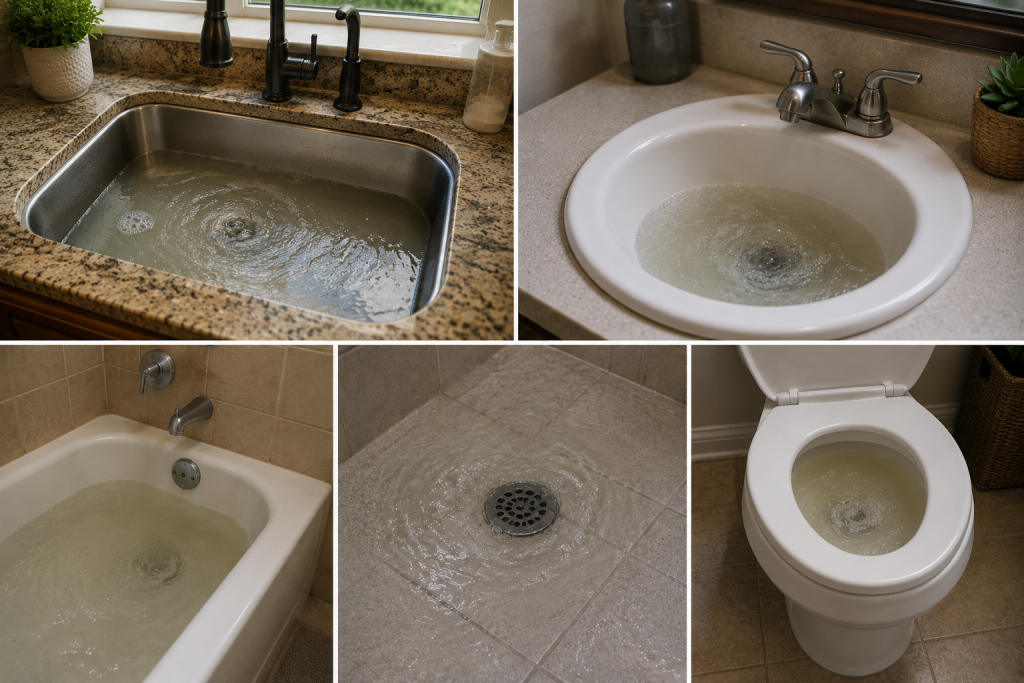 Kitchen sink, bathroom sink, and bathtub draining slowly due to a clogged main sewer line in a residential plumbing system