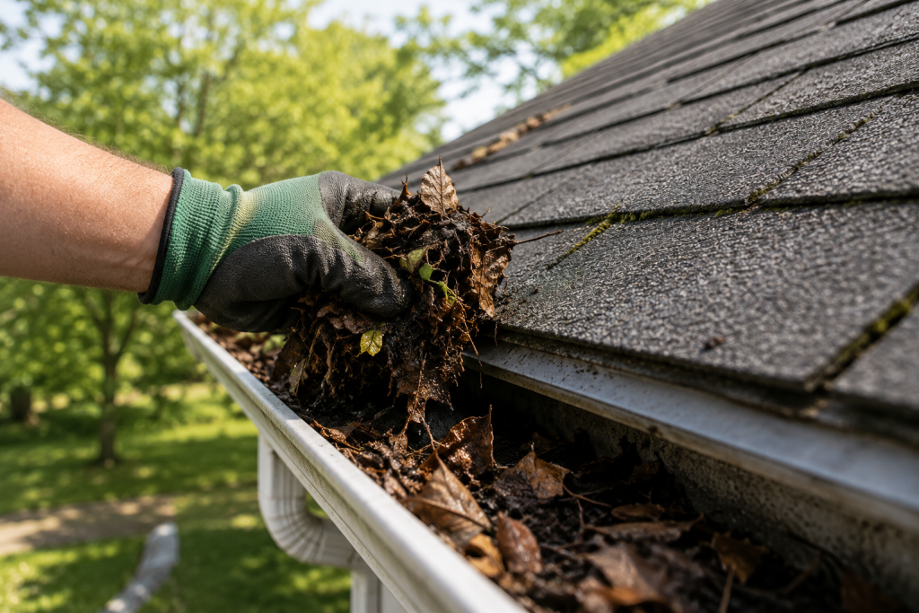 Cleaning leaves and debris from house gutters during spring home maintenance.