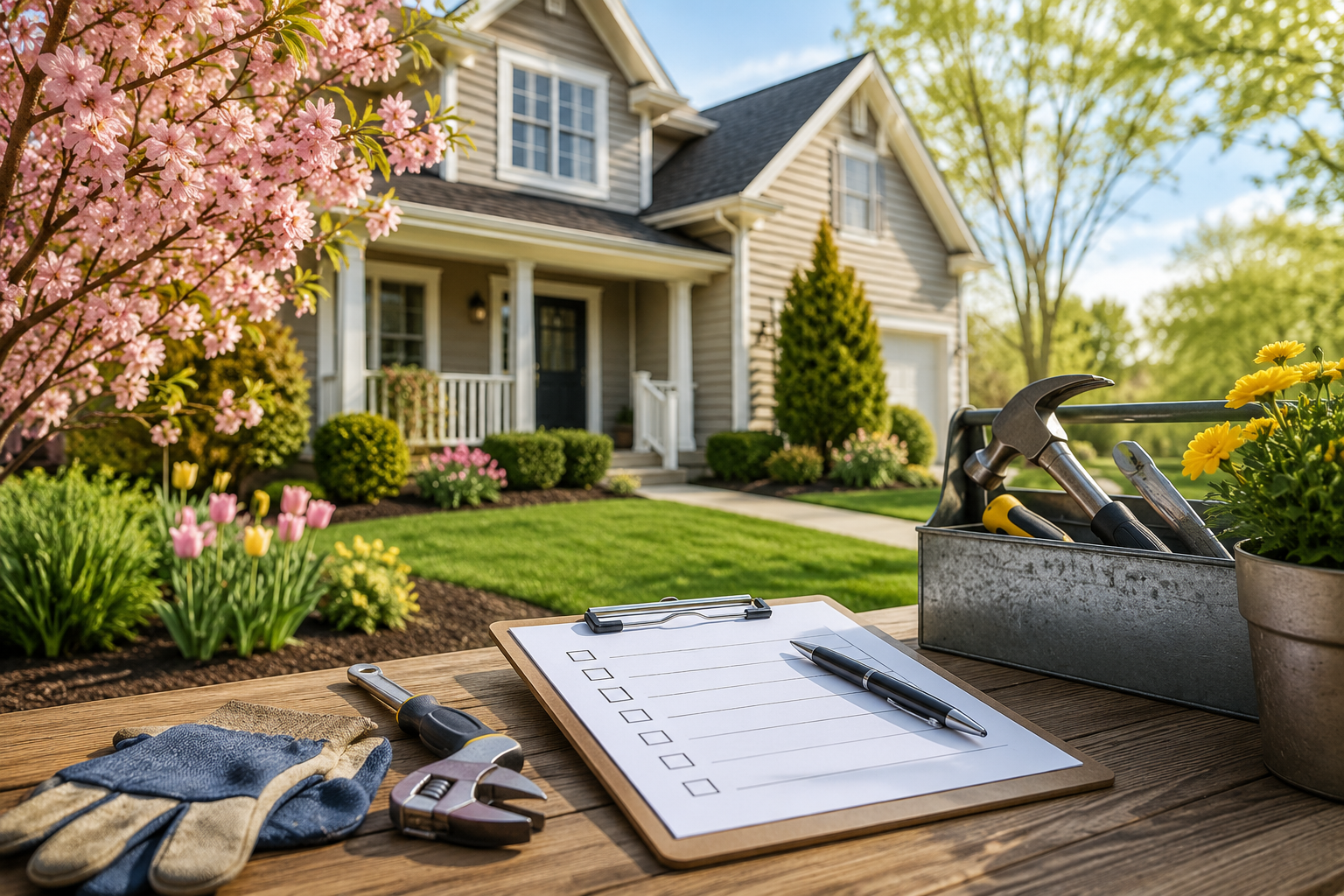 Spring home maintenance checklist with tools, blooming landscaping, and a well-maintained suburban house in sunny weather