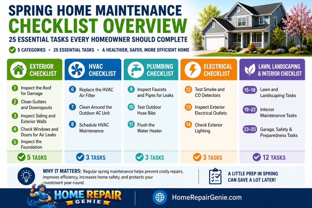 Spring home maintenance checklist overview infographic by Home Repair Genie with 25 essential homeowner maintenance tasks