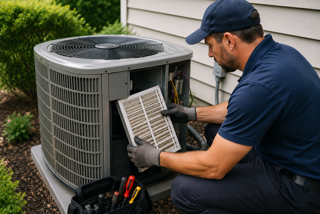 HVAC technician performing spring air conditioner maintenance on an outdoor AC unit.