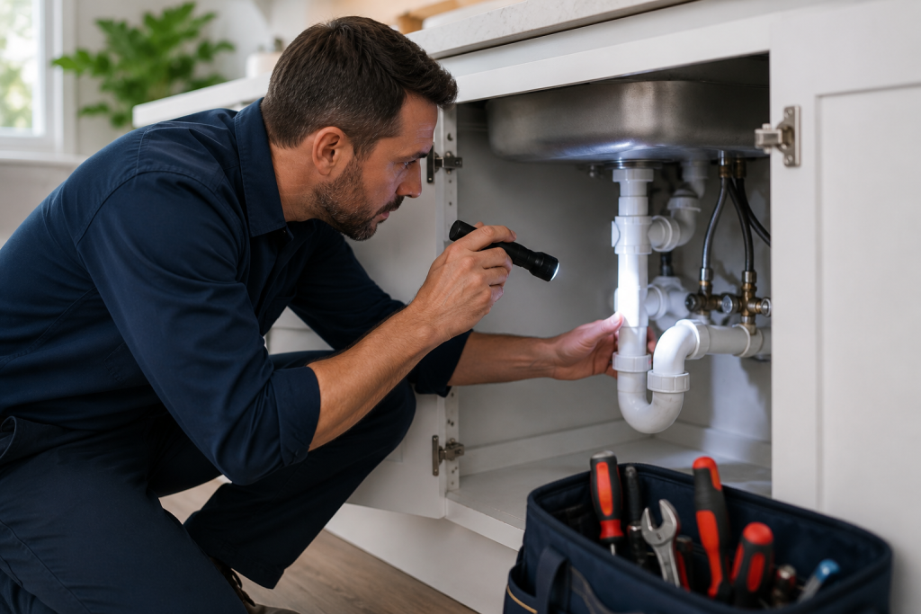 Homeowner inspecting plumbing pipes and checking for leaks under a sink during spring home maintenance.