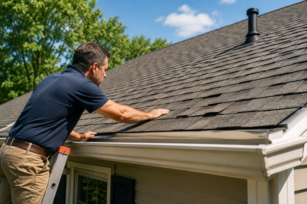 Homeowner inspecting asphalt roof shingles during a spring home maintenance roof inspection.