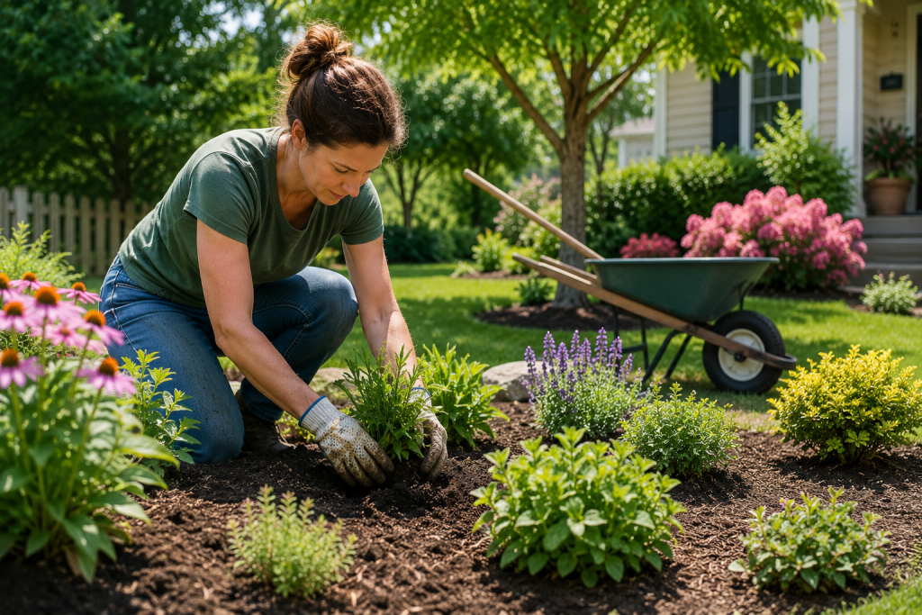 Homeowner performing spring yard work and outdoor landscaping maintenance around the home.