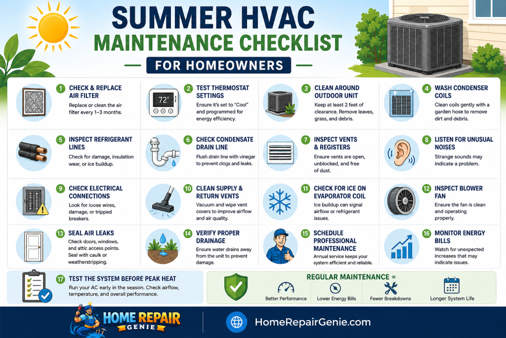 Summer HVAC maintenance checklist infographic by Home Repair Genie with essential homeowner air conditioning maintenance tasks