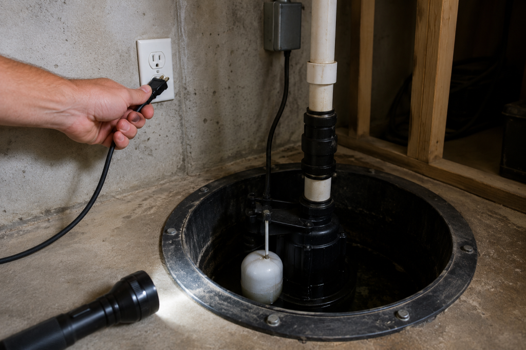 Homeowner checking the power supply and outlet for a basement sump pump system