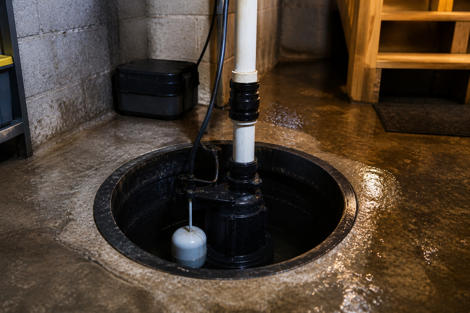 Basement sump pump system in a wet utility area with standing water around the sump pit and discharge pipe