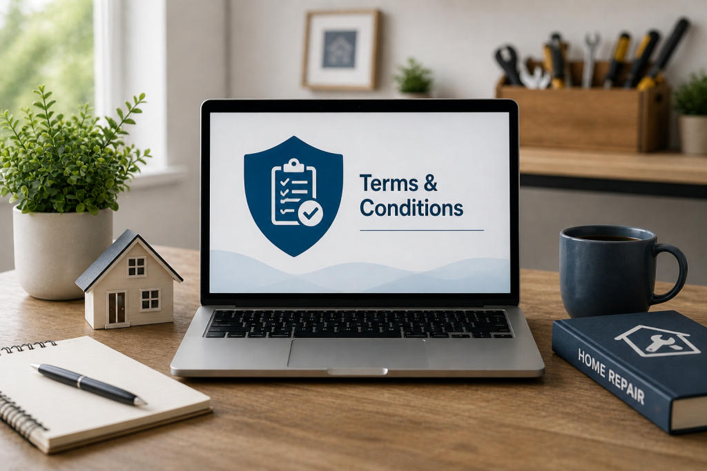 Modern workspace with laptop and security checklist icon representing terms and conditions and user agreement