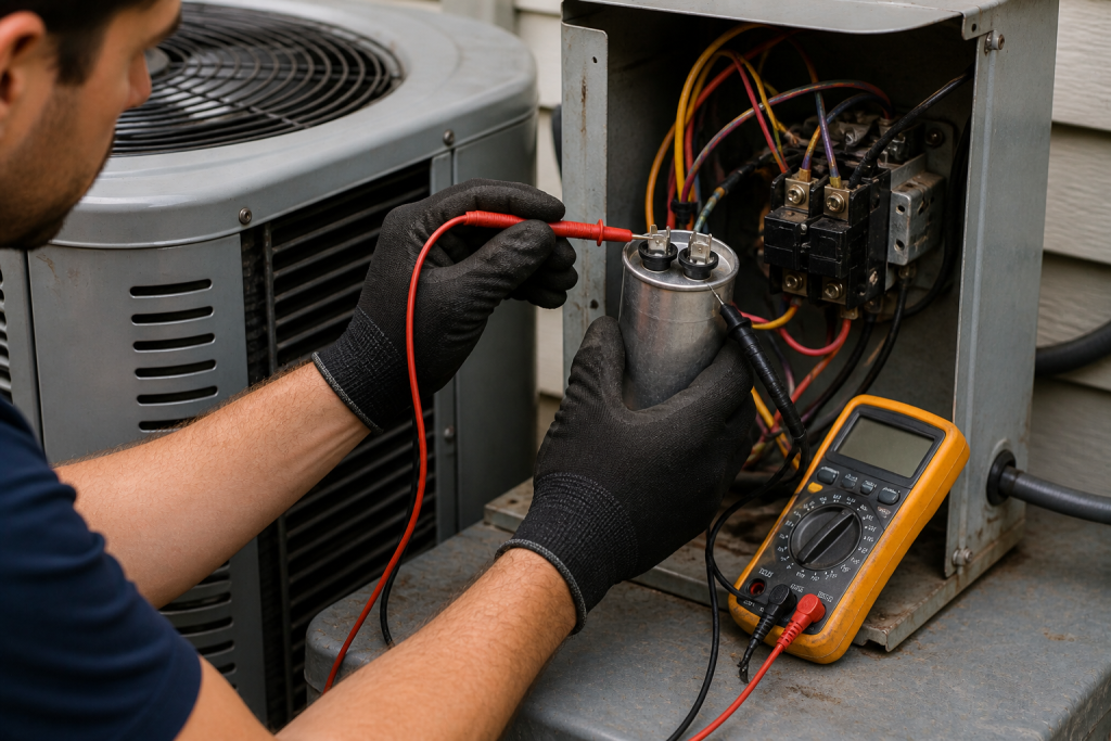 Testing AC capacitor with multimeter to diagnose fan not spinning issue