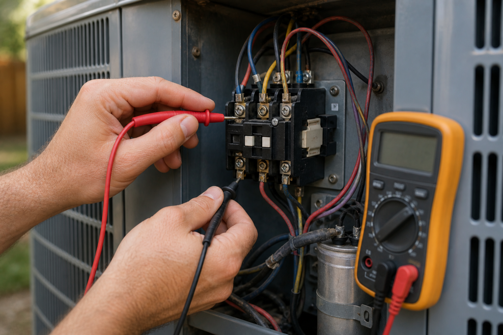 Testing AC contactor with multimeter inside outdoor unit to diagnose power issue