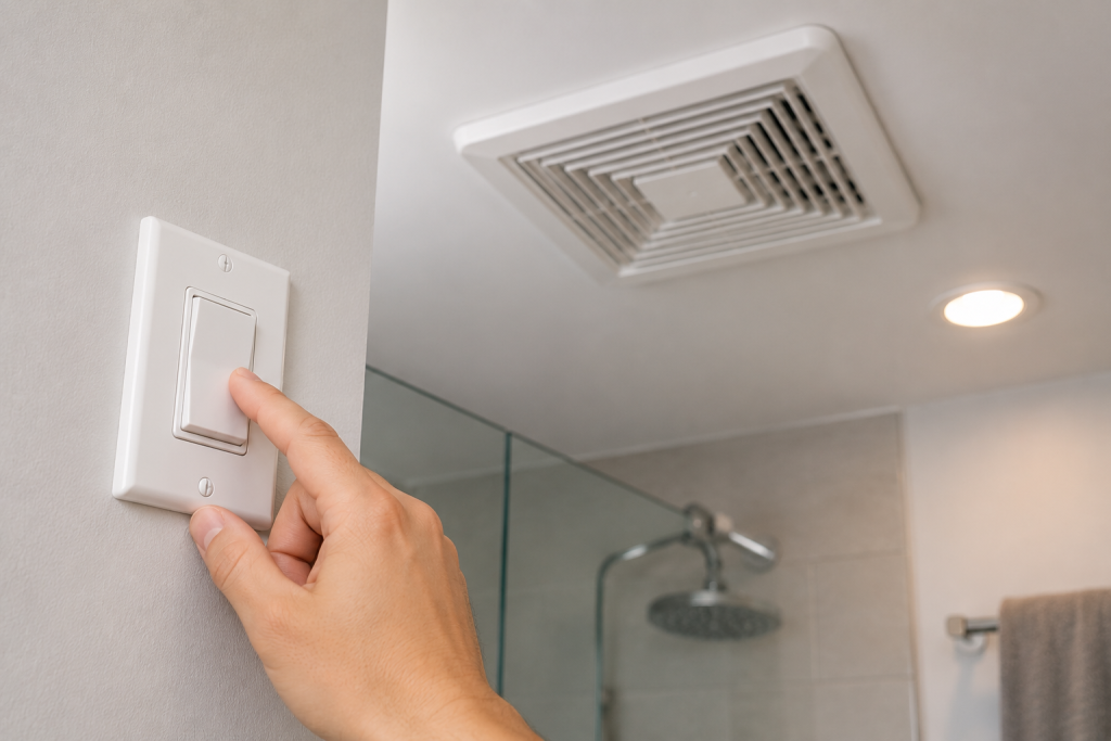 Hand testing a bathroom exhaust fan wall switch during bathroom ventilation troubleshooting
