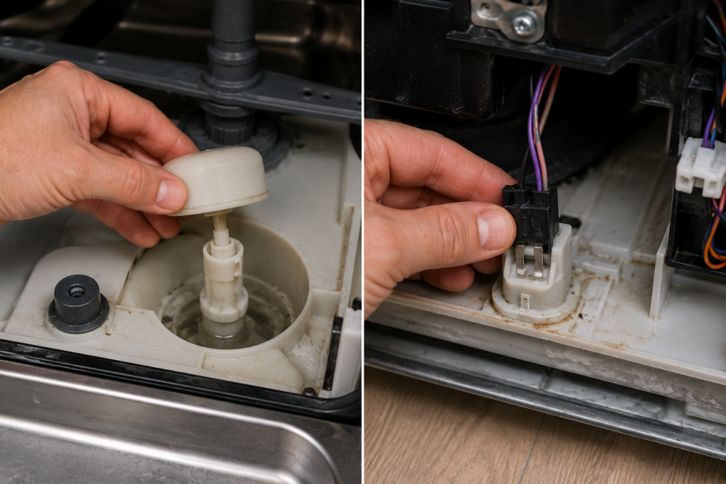 Technician testing the float switch and leak sensor underneath Bosch Dishwasher E15 Error Code Fix