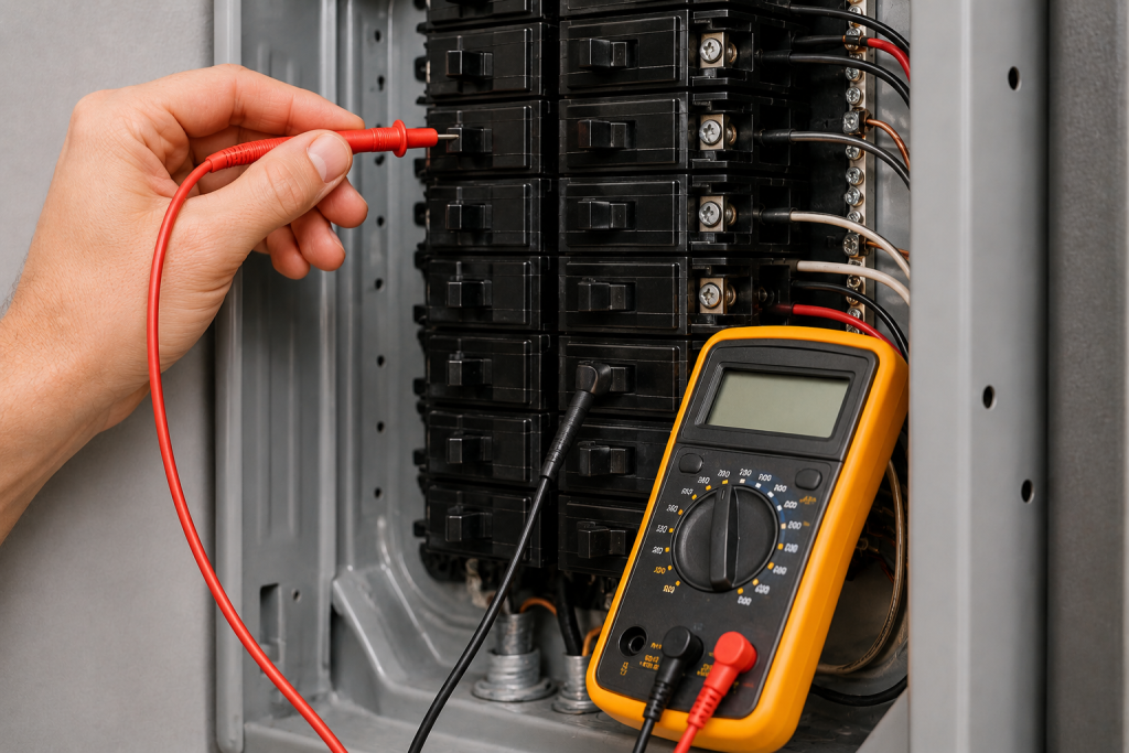 Testing a circuit breaker with a multimeter inside an electrical panel during breaker troubleshooting repair steps