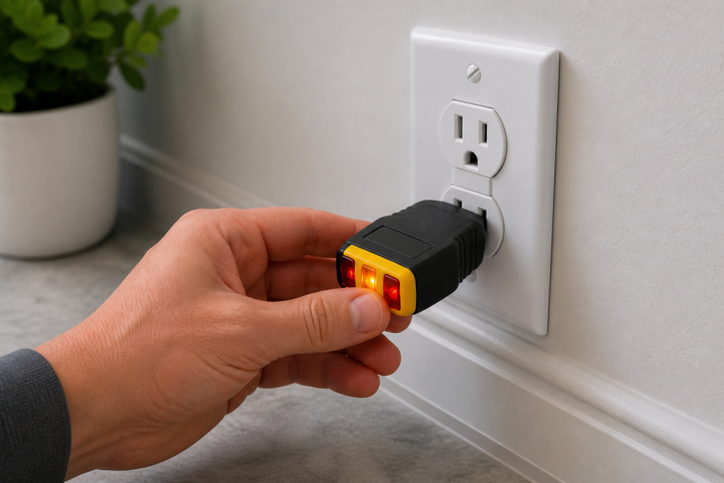 Testing electrical outlet with a plug-in tester to check if power is working