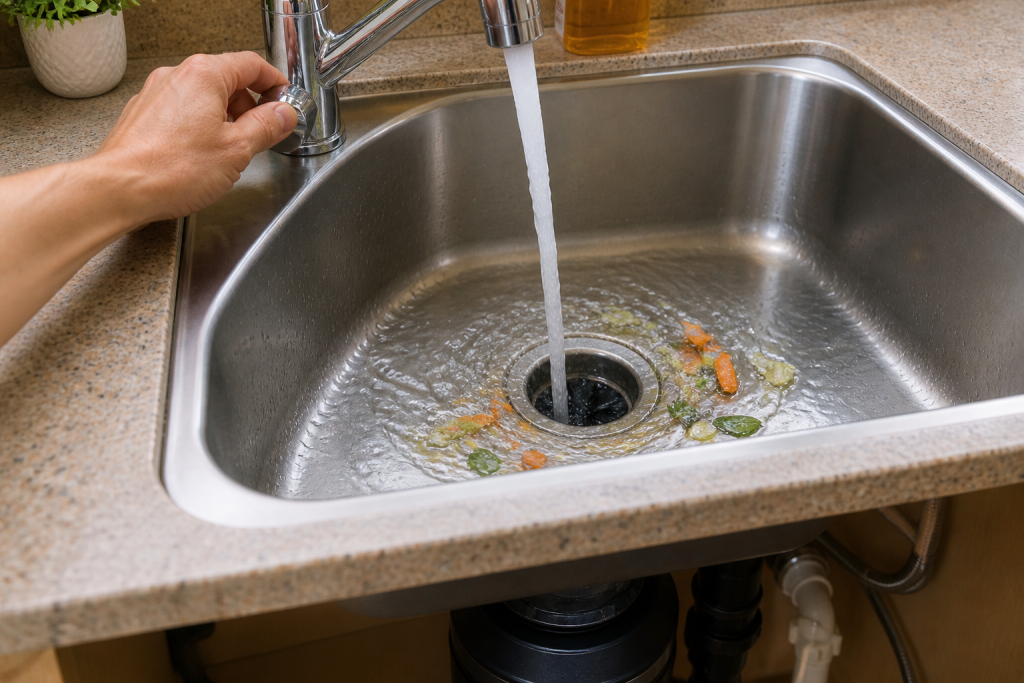 running water in kitchen sink while testing garbage disposal operation after repair