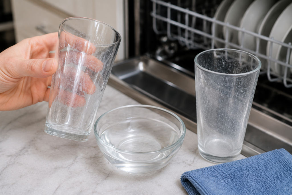 Hand soaking a cloudy drinking glass in white vinegar at a kitchen sink to test for hard water mineral deposits why do dishes look cloudy after washing